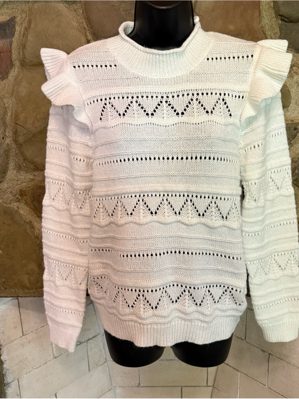 Women’s Cream Openwork Ruffle Shoulder Crew Sweater